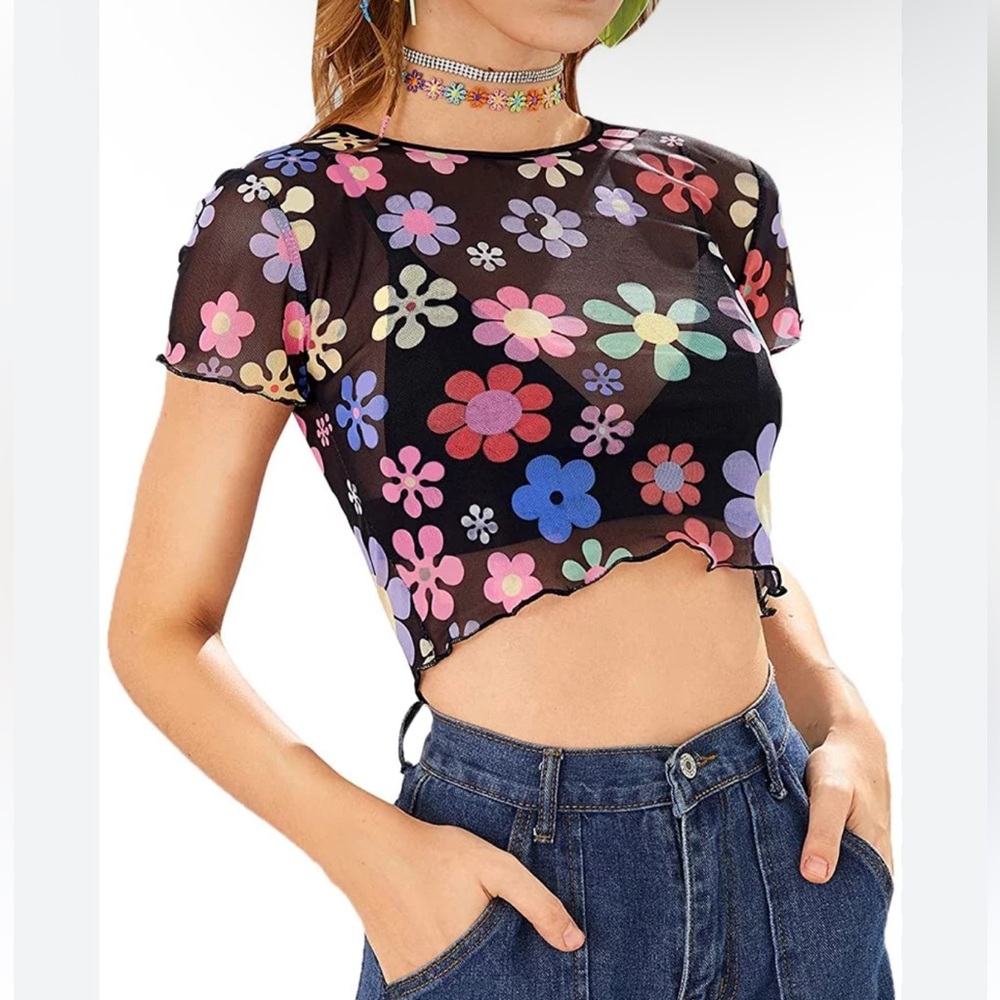 Y2K Shain Floral Fantasy Mesh Crop Top - M